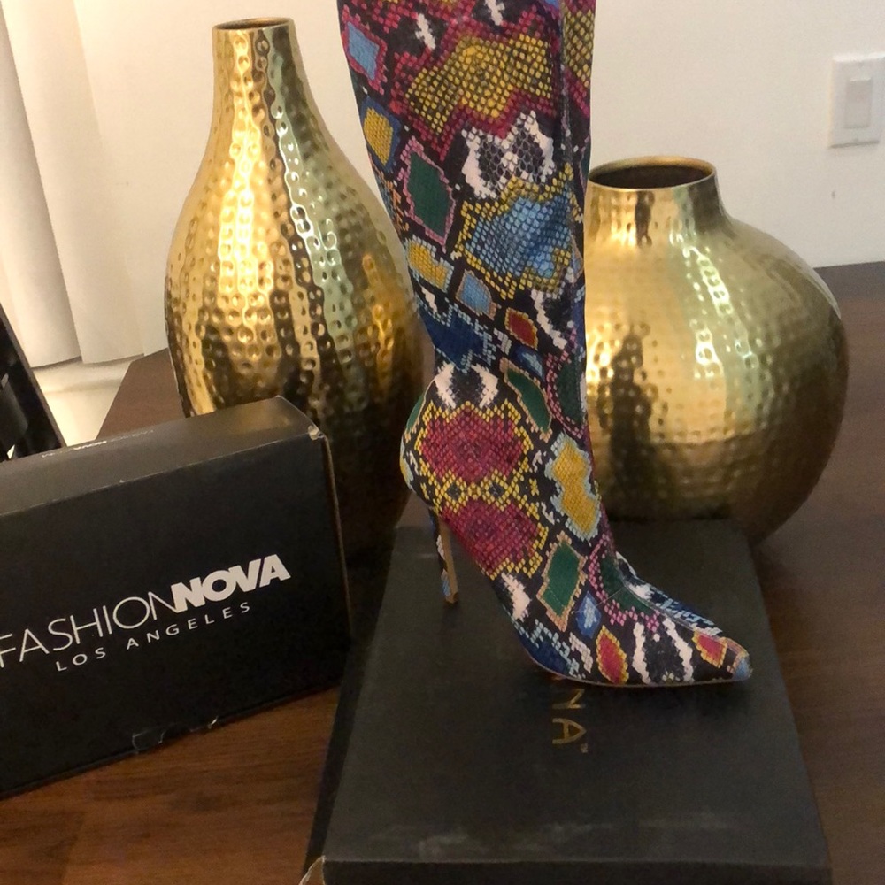 Brand new thigh high multi color snake boots